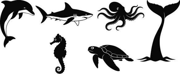 Collection of black silhouette marine animals including a dolphin shark octopus seahorse turtle and whale tail isolated on white background for design © Muhammad