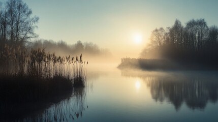 Fototapeta premium Ethereal Sunrise Over Misty Lake with Silhouetted Reeds and Trees