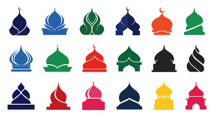 Colorful Islamic mosque dome silhouette vector set with crescent moon religious icons © Tanjum
