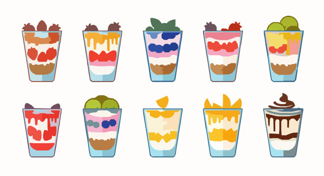 Modern flat yogurt parfait icon vector collection for healthy breakfast apps