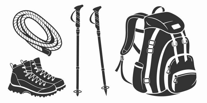 Hiking gear including boots, poles, and a backpack ready for adventure Vector