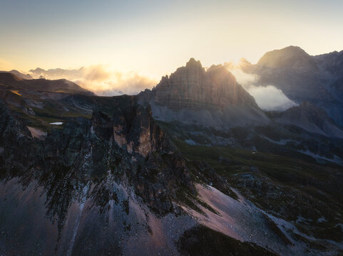 Aerial view of Grand Ser&acirc;&scaron;Ď&euro; and Grand Adret at sunrise during summer, Provence Alps Cote d&acirc;&euro;&trade;Azur, Haute Alps, Vallee Etroite, France