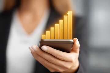 Businesswoman analyzes financial growth chart on smartphone screen, showcasing progress and success in the digital age for investors and stakeholders alike.