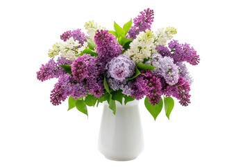 Fototapeta premium A delicate bouquet of white and purple lilacs in a vase on transparent background