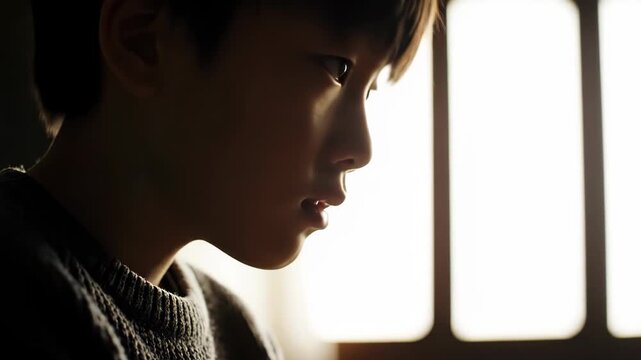 Young boy with head bowed in contemplation or prayer near a window