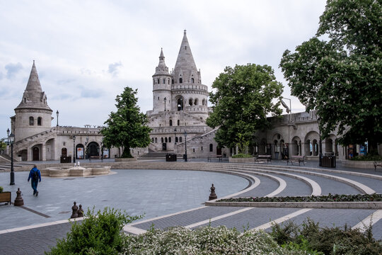 View of Fishermans Bastion in Budapest with medieval towers and pathways in the foreground, Hungary