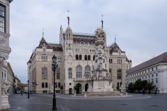 View of holy trinity square with holy trinity column and hungarian composers association in Buda castle district, Hungary