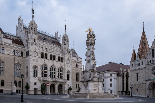 View of Holy Trinity Square featuring Matthias Church and Holy Trinity Column in the Buda Castle District of Budapest, Hungary