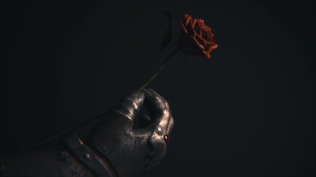 A cinematic closeup of a medieval knight's hand in a metal gauntlet holding a red rose as a single drop of blood falls onto the petals against a dark background.