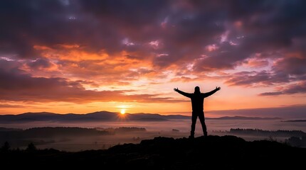 Fototapeta premium Person silhouette with raised arms celebrating success at mountain summit during dramatic sunrise with colorful sky and valley below for motivation concepts.