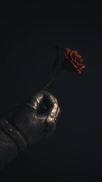 Vertical 9:16 closeup of a medieval armored gauntlet holding a red rose as a blood drop falls, cinematic lighting on dark background for social media stories.