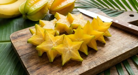 Fresh sliced star fruit carambola on wooden cutting board with tropical palm leaves background for healthy eating and exotic cuisine preparation.