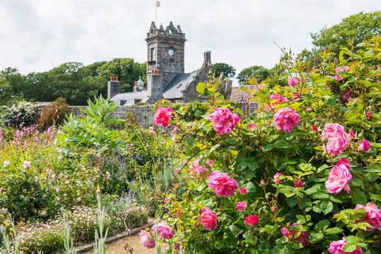 The walled garden with the house in the background, La Seignerie, Sark island, Channel Islands, Bailiwick of Guernsey, United Kingdom