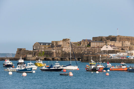 Fishing boats in the harbour with Castle Cornet in the background, St Peter Port harbour, Guernsey Island, Bailiwick of Guernsey, United Kingdom