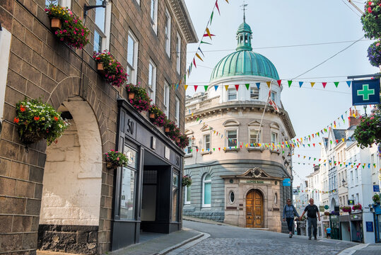 Remarkable building, with a copper dome, at the intersection of High Street and Smith Street, St Peter Port, Guernsey Island, Bailiwick of Guernsey, United Kingdom
