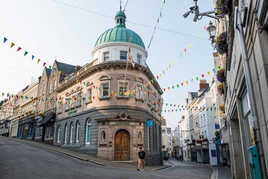 Remarkable building, with a copper dome, at the intersection of High Street and Smith Street, St Peter Port, Guernsey Island, Bailiwick of Guernsey, United Kingdom