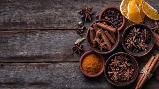 A collection of various spices in wooden bowls on a rustic wooden surface. Includes star anise, cinnamon sticks, and orange slices.