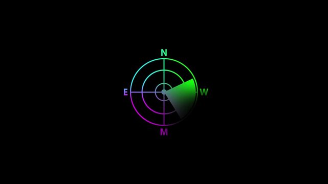 Gradient Compass Rose with Sector Highlighted on Black Background navigation direction