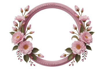 Ornate dusty rose oval frame with delicate pink peony blossoms and green leaves, perfect for wedding invitations or social media graphics. isolated PNG with Transparent Background