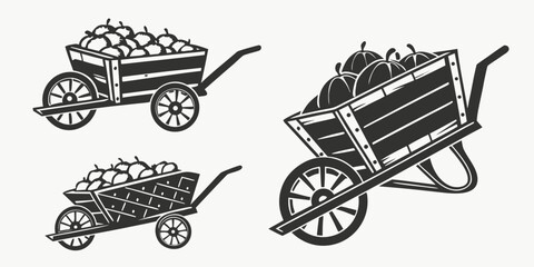 Three wheelbarrows and a wheelbarrow with a shovel in a row. Vector © Akshay