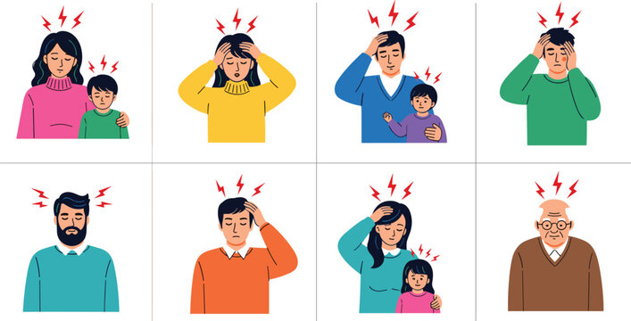 Set of diverse people suffering from headache and migraine pain with red lightning stress symbols isolated on white background vector medical illustration.