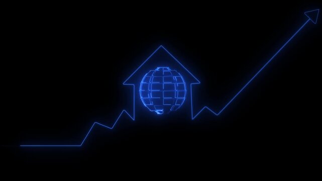 Blue neon globe inside house outline with upward trending graph on black background home chart