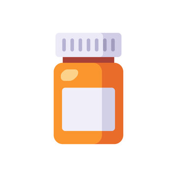 orange pill bottle, pharmacy medicine, purple cap, white label, colorful vector flat style illustration