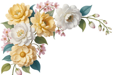 Delicate watercolor illustration of creamy yellow and white peonies with small pink cherry blossoms and green leaves arranged in a corner design. isolated PNG with Transparent Background