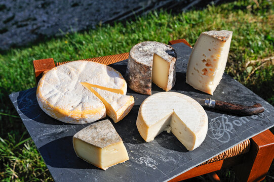 Assorted PDO cheese of Savoie, cheese-making farm of Brunet family, Semnoz Mountain in the Bauges range, Haute-Savoie department, Rhone-Alpes region, France, Europe