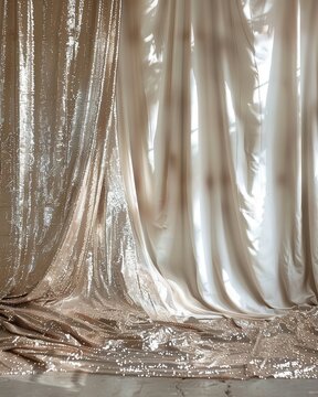Luxurious champagne gold sequin backdrop meets flowing cream satin fabric with dramatic lighting