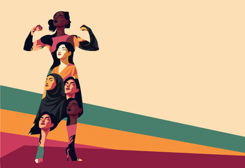 Women's Day, March 8th. Bright vector illustration portraits of diverse women united by strength in a single silhouette. Symbol of unity, equality, feminism, diversity,motivation, women's empowerment