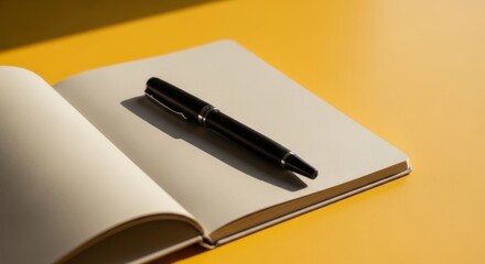 Open blank notebook with pen on vibrant yellow desk