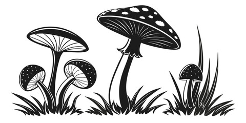 A whimsical illustration of mushrooms growing in a grassy field with tall grass Vector