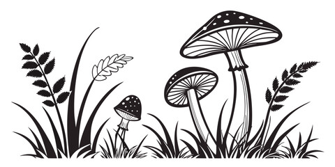 A group of mushrooms growing in a grassy field with flowers nearby. Vector © Akshay