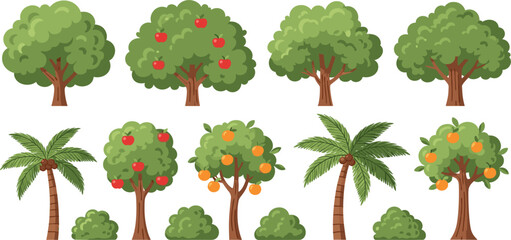 Flat vector illustration set of cartoon green trees including apple trees, orange trees, palm trees, and garden bushes, isolated on white background. © MDRIFAT