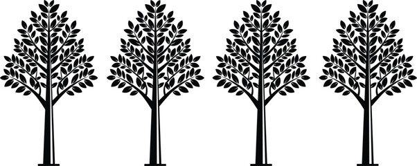 Set of four minimalist black silhouette deciduous trees with detailed leaf branches isolated on white background for landscape architecture eco friendly branding and nature design. © Maslima