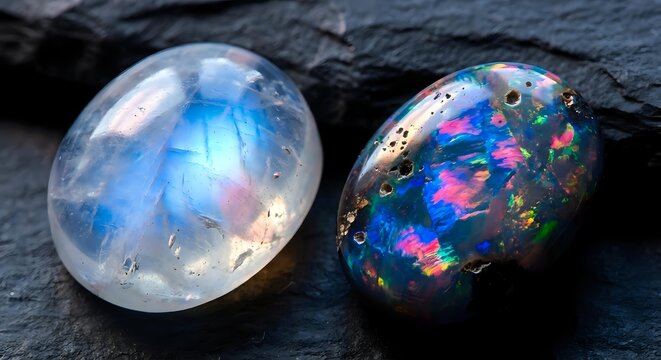 Two stunning opal gemstones displaying vibrant rainbow fire and iridescent colors on dark slate surface for jewelry design and luxury accessories.