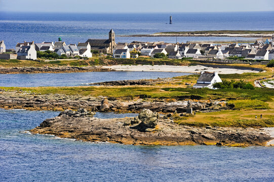 overview of the Ile de Sein from the top of the lighthouse, off the coast of Pointe du Raz, Finistere department, Brittany, France
