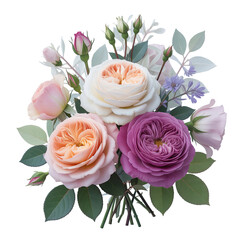 A delicate bouquet features blush pink, creamy white, and deep magenta English roses with soft green foliage, creating a romantic floral arrangement. isolated PNG with Transparent Background