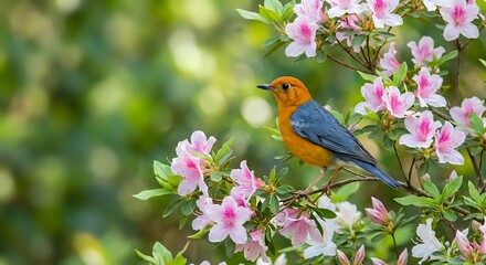Obraz premium Small colorful songbird with orange breast and blue wings perched on blooming pink flower branch in spring garden with soft green bokeh background.