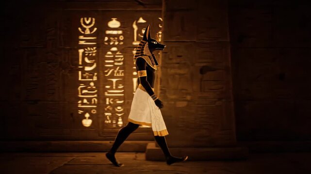 Anubis walking slowly through a sacred ancient Egyptian temple hallway with glowing amber hieroglyphs, mystical atmosphere, and regal divine presence, video footage