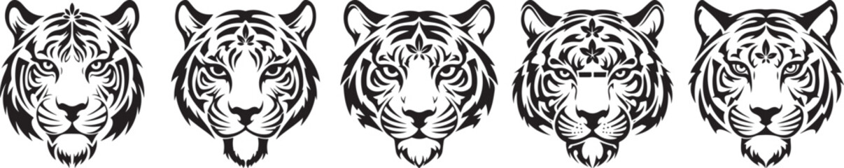 Obraz premium Five tiger heads in a row, vector illustration of feline faces with detailed stripes, isolated on transparent background