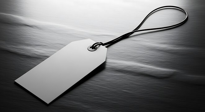 A blank white tag lies on a textured surface with a black string attached.