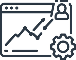 Obraz premium Vector icon of a browser window with a line graph, user profile and gear symbol, representing data analysis and settings isolated on White Background