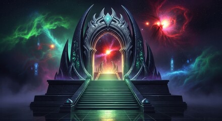 Ornate fantasy gateway with stairs leading to colorful cosmic nebula