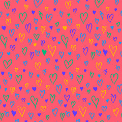 Bright colorful seamless grunge pattern featuring abstract shapes, doodles, scribbles, hearts, and organic textures