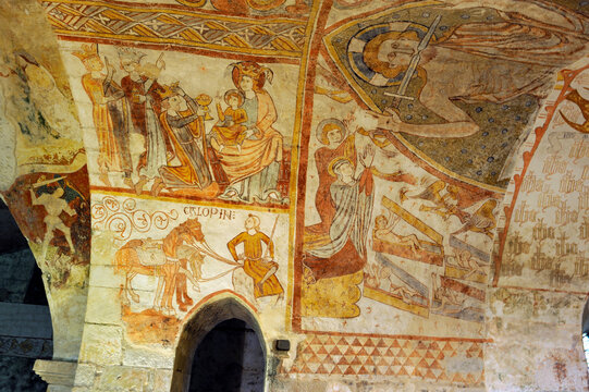 Frescoes of the church's crypt, village of Gargilesse-Dampierre, Indre department, province of Berry, region of Centre, France, Europe