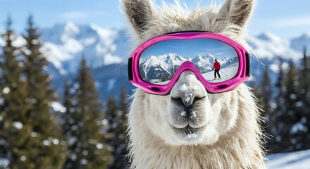 Fototapeta premium Funny llama wearing pink ski goggles in snowy mountain landscape with alpine trees and peaks in background for winter sports humor concept.