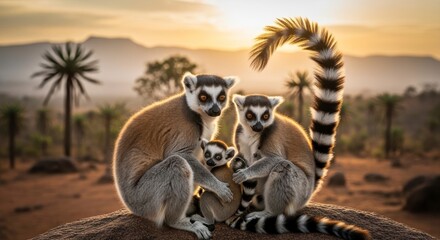 Obraz premium Ring-tailed lemurs family at sunset in Madagascar.