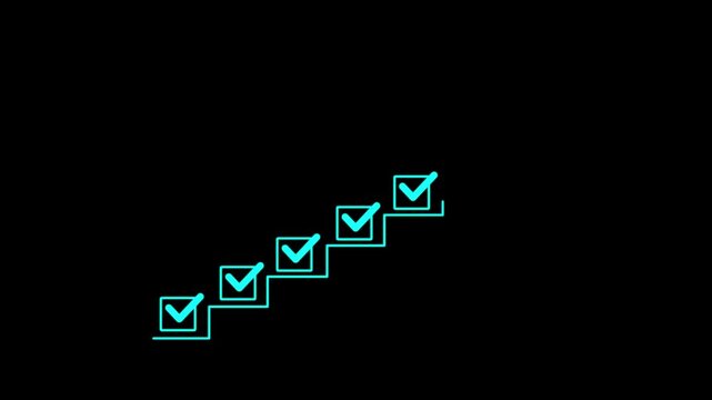 Business success and goal achievement steps. Businessman drawing checkmarks on virtual staircase steps toward achieving goals, ending with red flag as success marker. Planning, progress, goal setting,